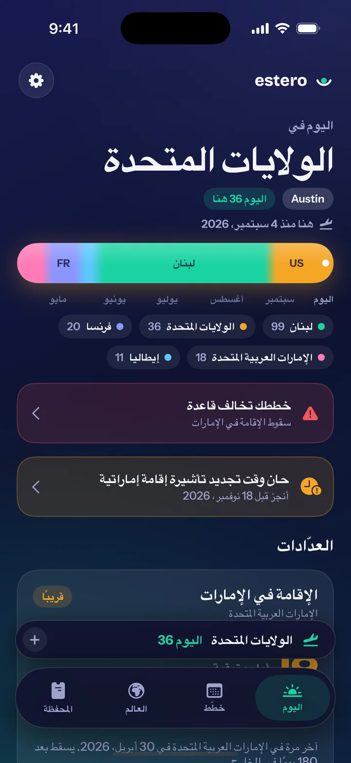 شاشة «اليوم» في Estero: اليوم 36 في الولايات المتحدة، والدول خلال الأشهر الستة الأخيرة، وتحذير من أن سفرًا مخططًا له يخالف قاعدة إقامة، وتجديد مستحق.