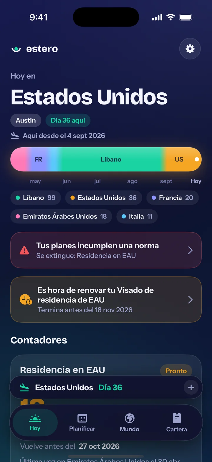 Pantalla Hoy de Estero: día 36 en Estados Unidos, los países de los últimos seis meses, un aviso de que los viajes previstos incumplen una norma de residencia y una renovación pendiente.