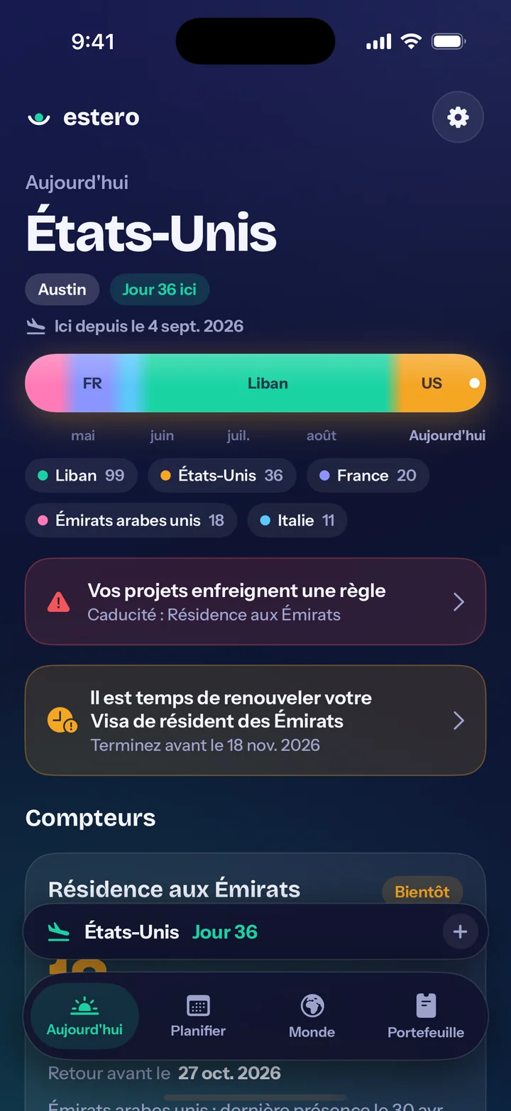 L'écran Aujourd'hui d'Estero : jour 36 aux États-Unis, les pays des six derniers mois, une alerte indiquant que des voyages prévus enfreignent une règle de résidence, et un renouvellement à faire.