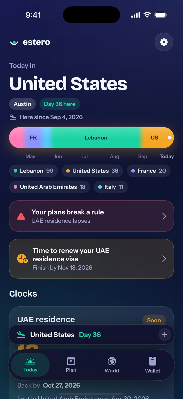 Estero's Today screen: Day 36 in the United States, the countries of the last six months, a warning that planned travel breaks a residence rule, and a renewal due.